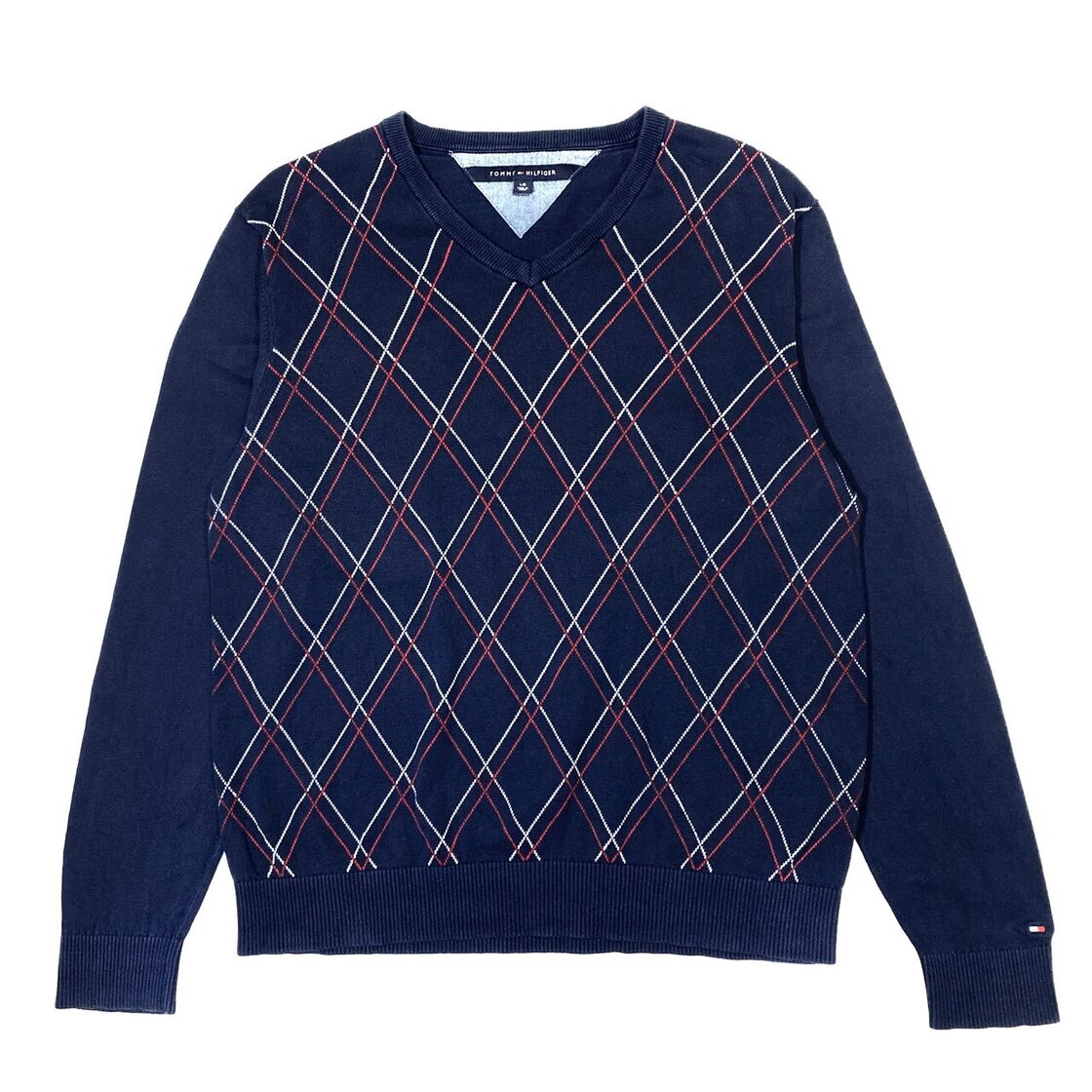 【TOMMY HILFIGER】Vネックニット　セーター　アーガイル　黒灰　L★ トミーヒルフィガー Vネック コットンニットセーター メンズL 古着 TOMMY HILFIGER アーガイルチェック柄 ネイビー 紺【ニットセーター】