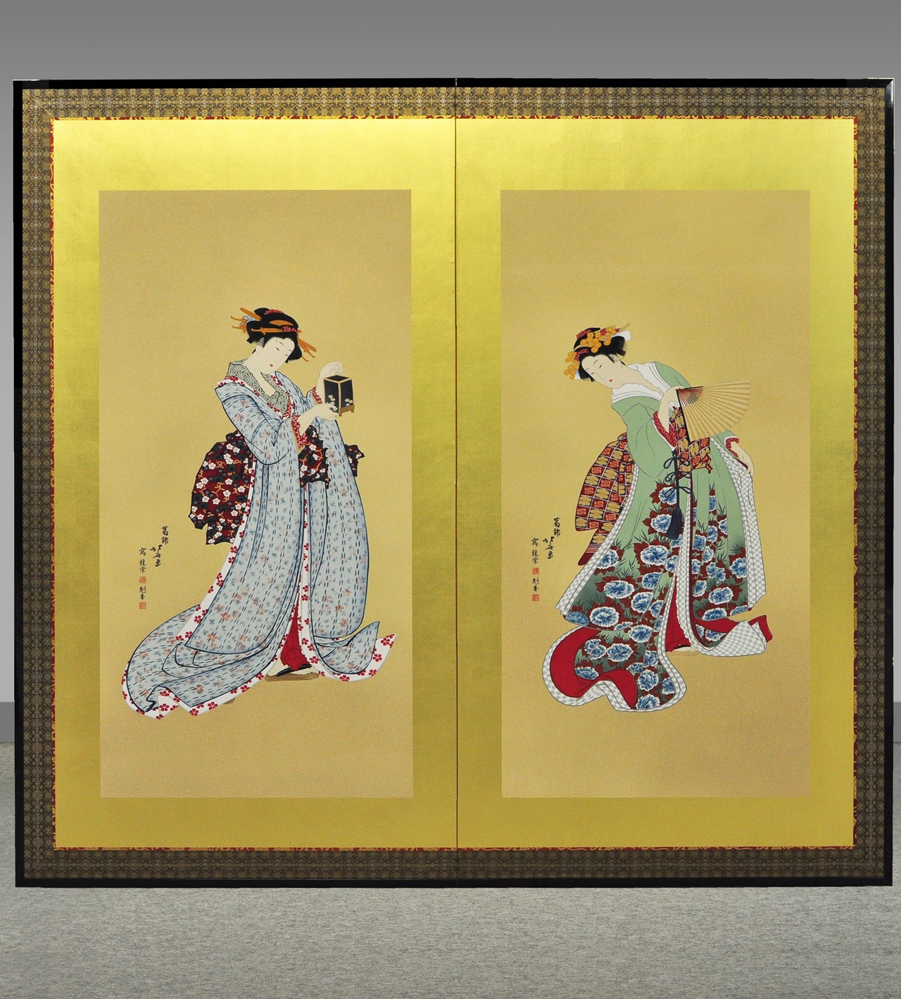 友禅浮世絵屏風 『北斎六美人競べ』（二曲一隻）