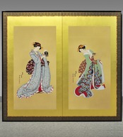 友禅浮世絵屏風 『北斎六美人競べ』（二曲一隻）