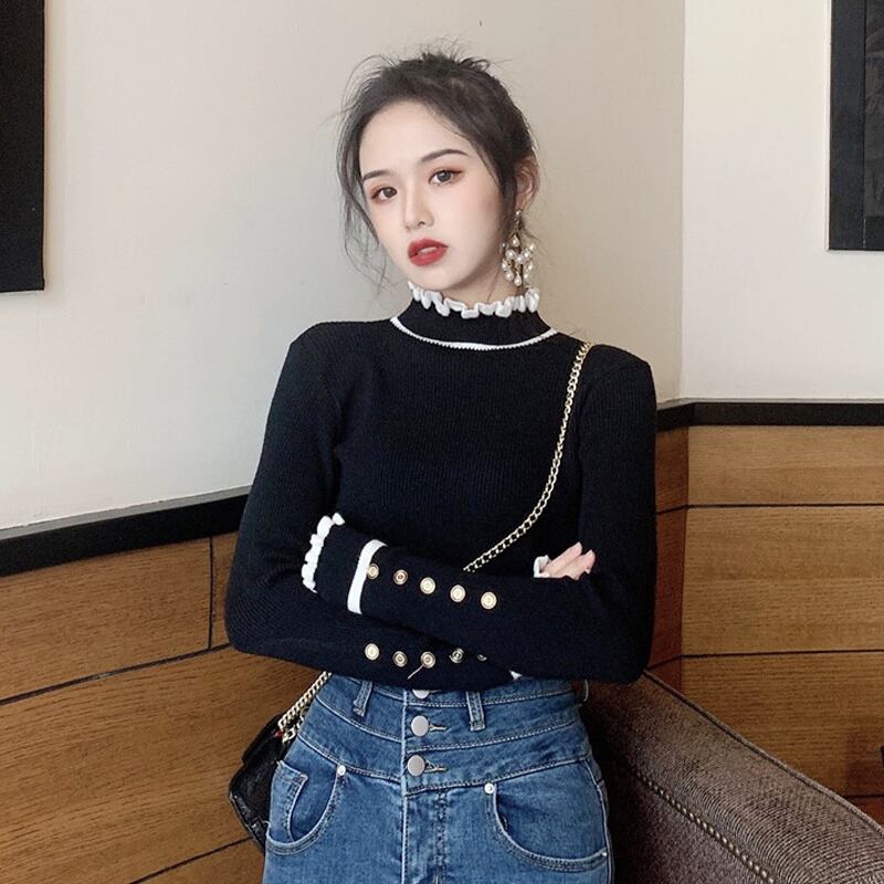 カラーシャツ スプリングオータムウィンタースタイルセーター スリムニットブラックトップス 春物 秋物 冬物 スーパーモール71644932514