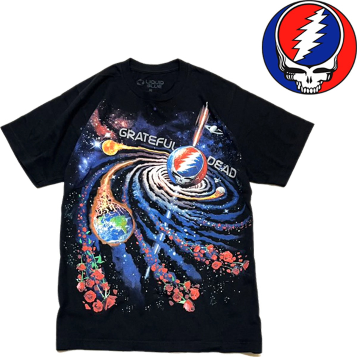 1点物◇グレイトフルデッド宇宙バンドT黒プリントTシャツ古着LメンズML 