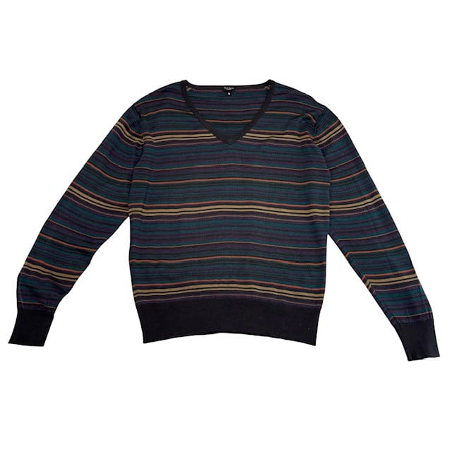 中古 ポールスミス Paul Smith×JOHN SMEDLEY 長袖 Vネック ニットセーター クリーニング済み ボーダー柄 マルチカラー メンズ Mサイズ