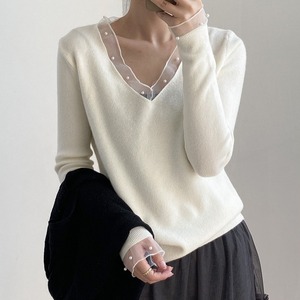 edge-lace pearl v-neck rib-knit　2litr06124