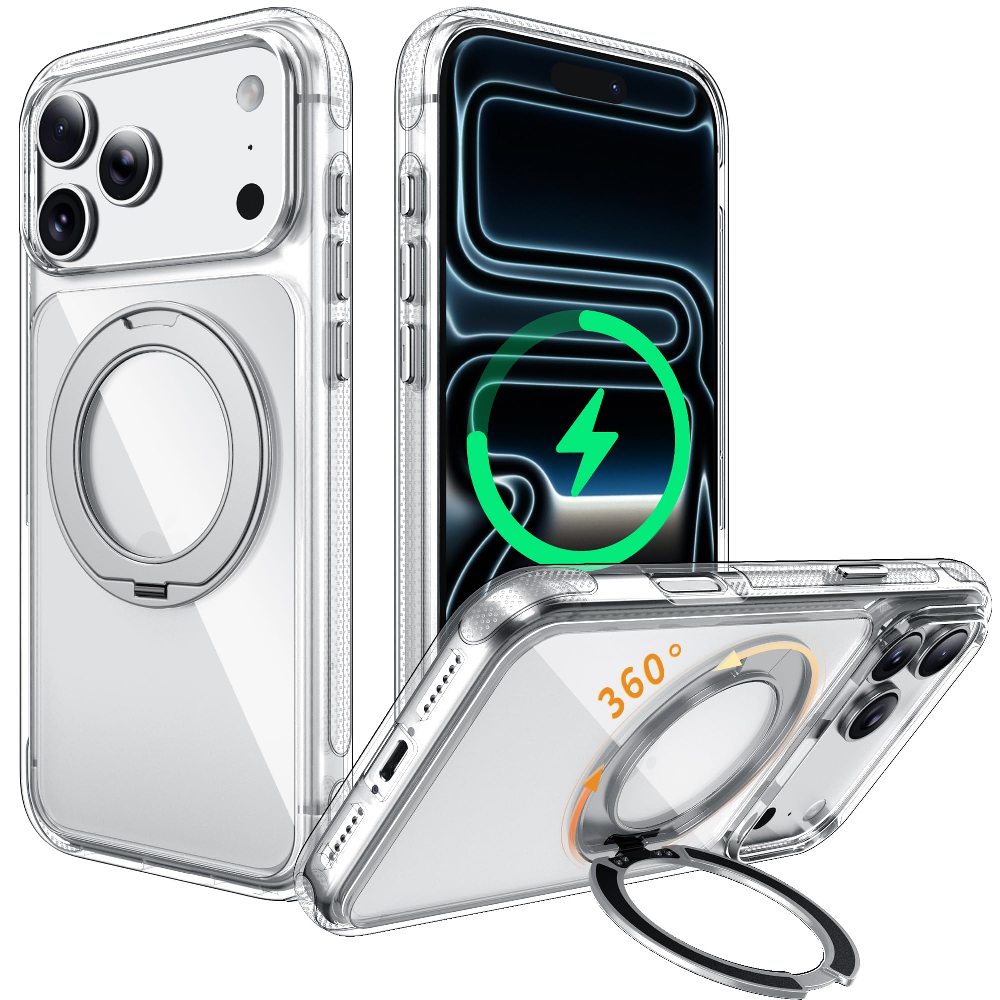 iphone 18 pro/17 pro ケース Magsafe対応 クリア 360°回転スタンド(クリア)