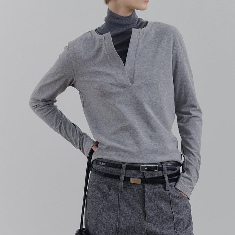 Vネック 長袖 ヒップ丈 カットソー 3color MTO0449