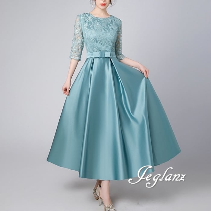 10色 パーティ ドレス マキシ ワンピース レース 刺繍 5分袖 ♪ (MB501)ζ