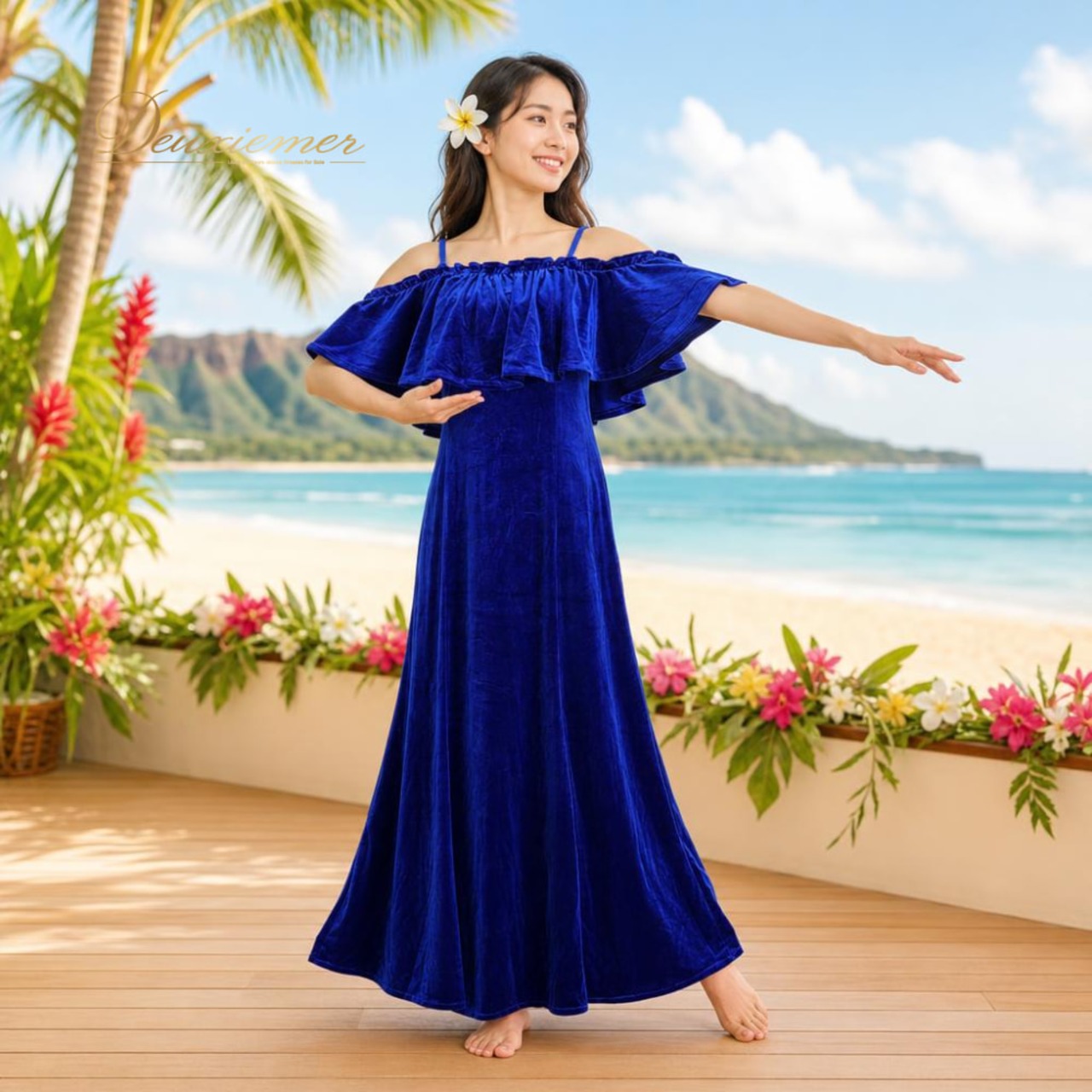 フラダンス 衣装 Aloha Kids アロハキッズ ワンピース ドレス ブルー系 無地 シンプル 伸縮 ストレッチ ベロア 光沢 高級感 鮮やか 上品 かわいい フリル セット キャミソール ダンス衣装 イベント ステージ ハワイアン アロハ