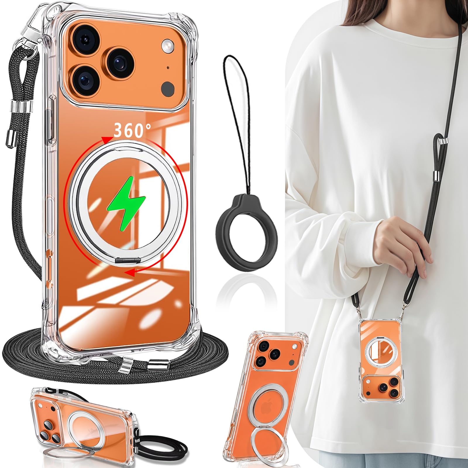 OJBSEN iPhone 17 Pro 用ケース アイフォン17プロケース ショルダー【ストラップ2枚付き】Magsafe対応 ワイヤレス充電