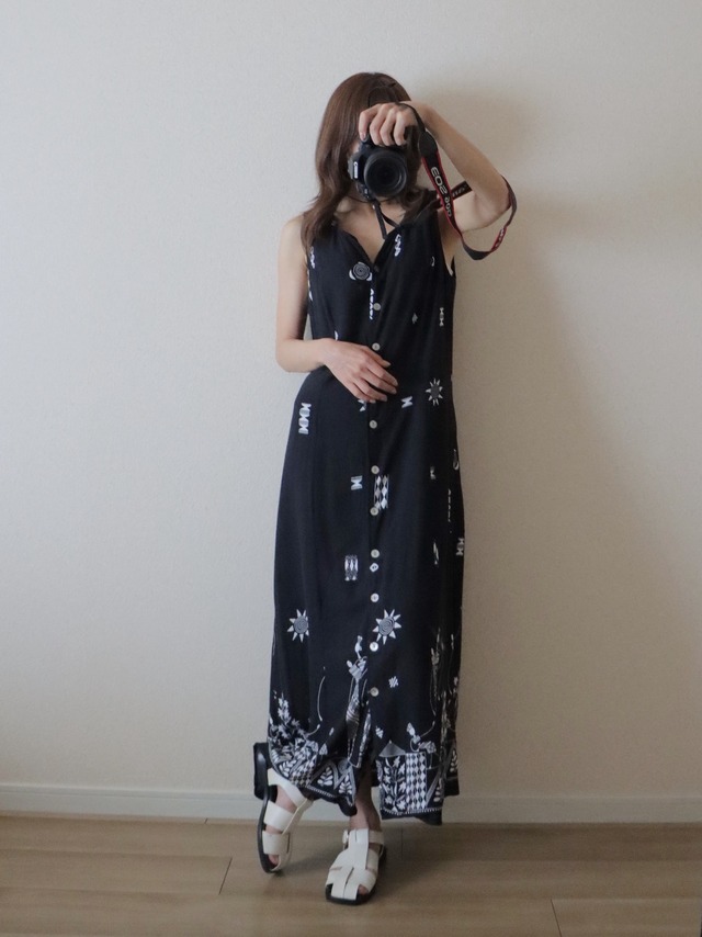 ●90s Back detail shell button rayon long dress
