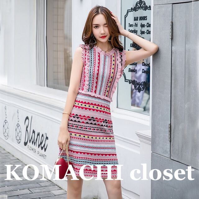 【送料無料】 ニットワンピース ミディワンピース ジオメトリック ワンピース ノースリーブ 膝丈 ニット Aライン ハイウエスト スリム 細身 韓国 レディース かわいい 可愛い 大人可愛い 大人女子 シンプル きれいめ カジュアル 大人 気品 上品 おしゃれ お洒落 こなれ感 きちんと 大人女子 クール エレガント モダン フェミニン S M L ピンク 春 秋 オルチャン 10代 20代 女子会 デート お泊まり ショッピング レストラン 普段使い コーデ トレンド 脚長 美脚