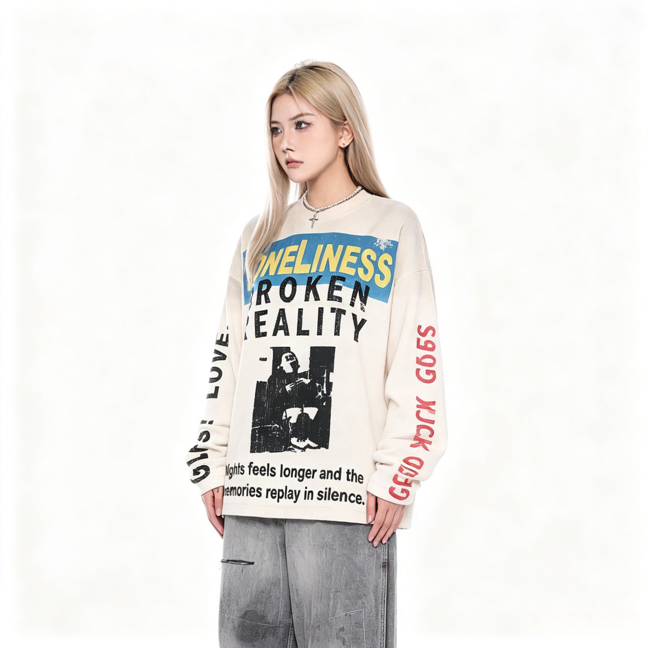 VINTAGE ストリート LONELINESS ワッフルロングTシャツ T2224