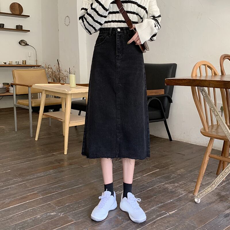 ブラックスカート スプリングオータムハイウェスト薄手Aライン 春物 秋物 試着室35169347881