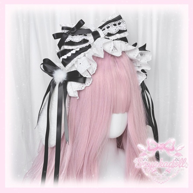 ♡ 【全4色】Milky bunny ぽんぽんリボン うさみみフリルレースヘッドドレス black ♡