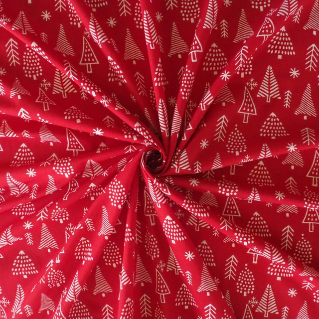ブロックプリント生地【50cm単位】インド綿  Winter(X'masツリー) 赤 #44610-RD1