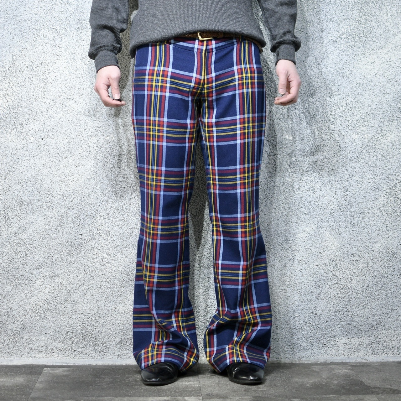 navy check flare pants