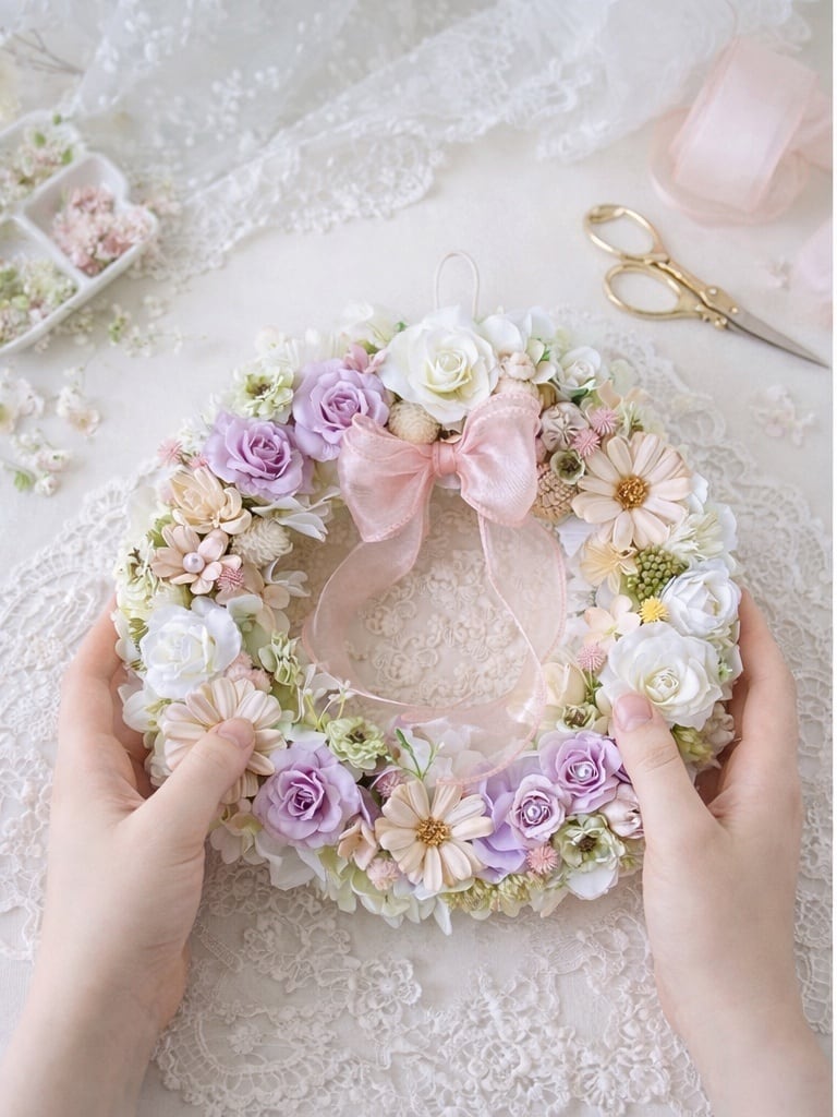 紫陽花とバラの花リース【WR-009】径23㎝│やさしい春色｜インテリア｜ギフトフラワー｜母の日のギフト