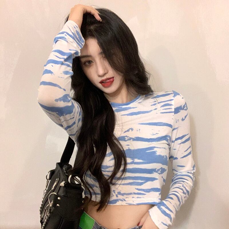 プリント柄ショートスリム長袖スリーブTシャツ ロング ブラックストロベリース67658077615