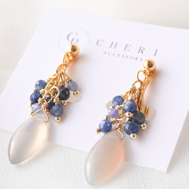 痛くないイヤリング　日本製金具　大ぶり　14kgf  揺れる　サファイア　タンザナイト　グレームーンストーン