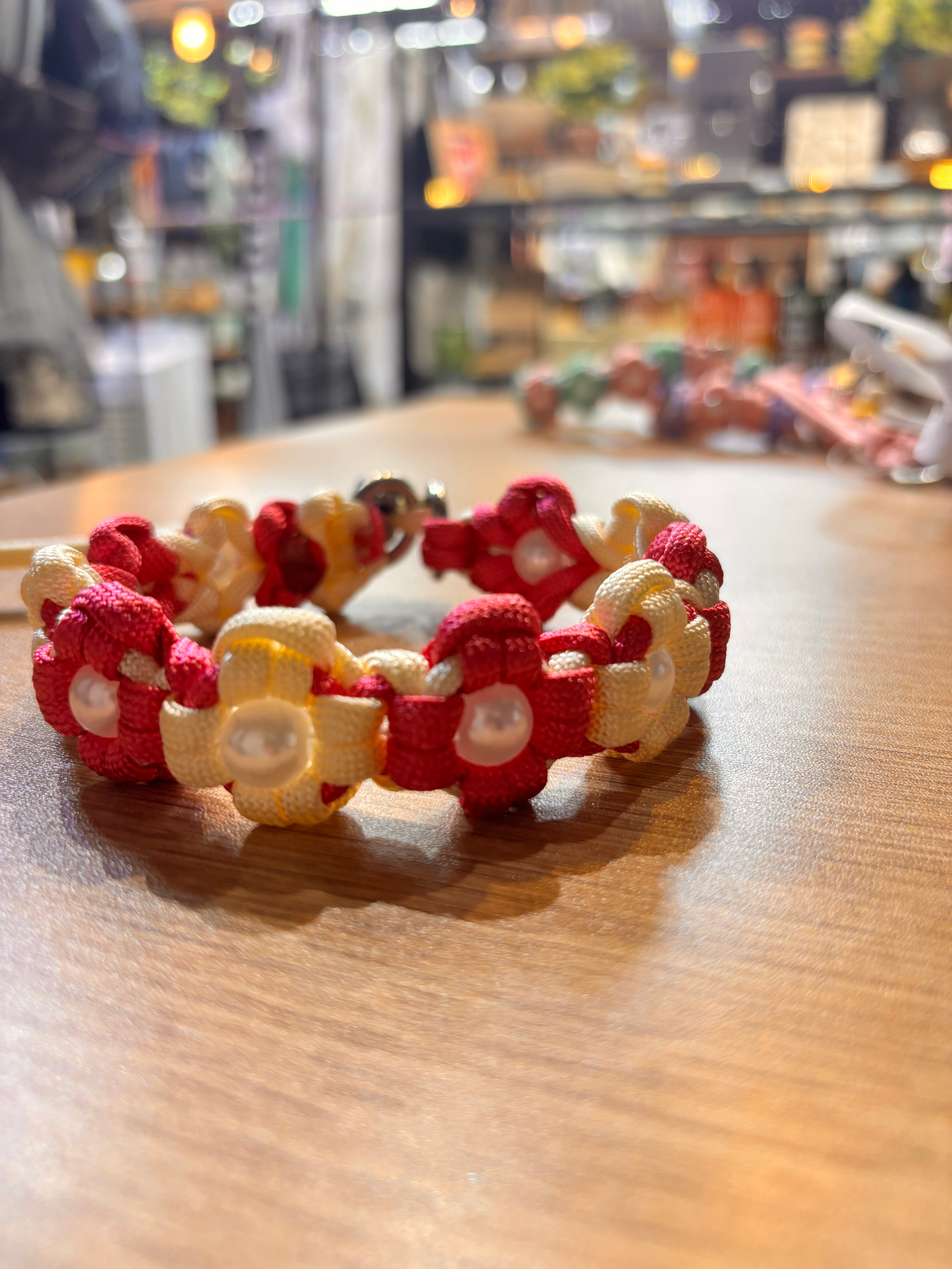 ハンドメイド 犬用首輪 チョークタイプ パラコード ピンク×アイボリー 24〜34cm