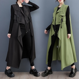 DRAW STRING A-LINE DESIGN MIDI VEST JACKET 2colors M-6887