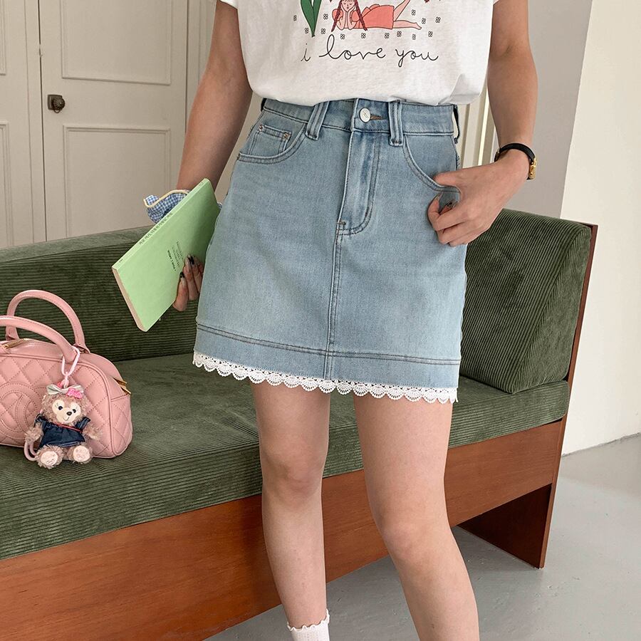 【bottoms】レースドッキングデニムスカート M33040
