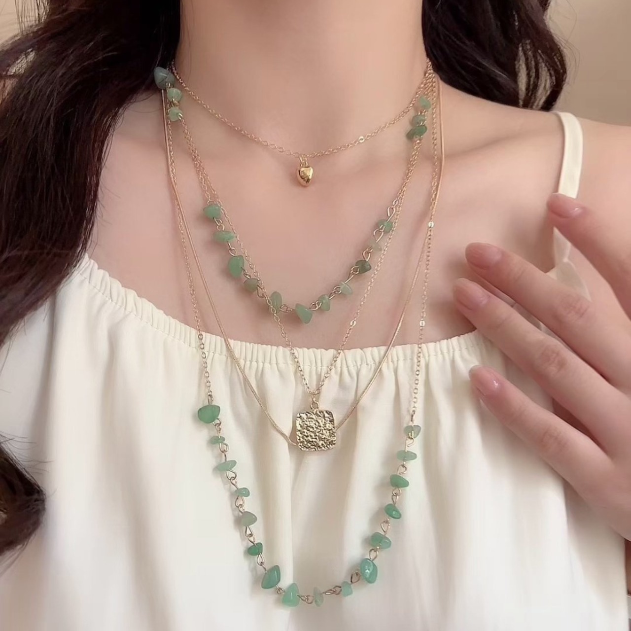 レイヤード レトログラスビーズネックレス W10433