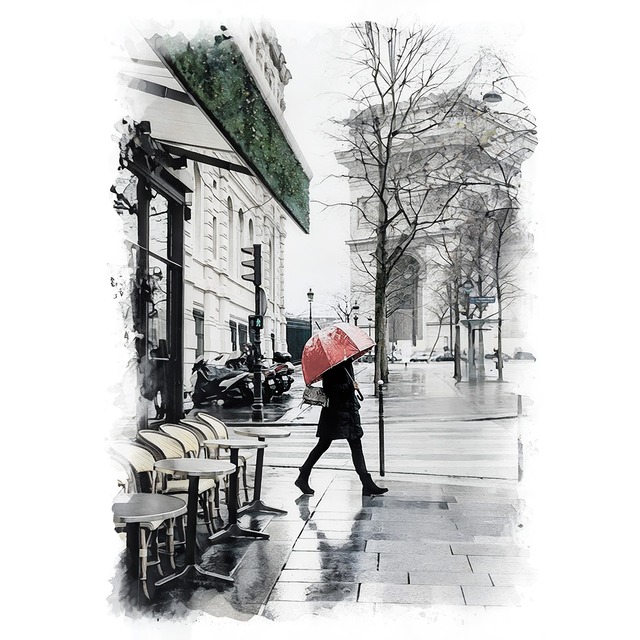 絵画 フランス 風景画(街並み)  雨の凱旋門 インテリアアート額付き 水彩画・油絵調 WAT0487