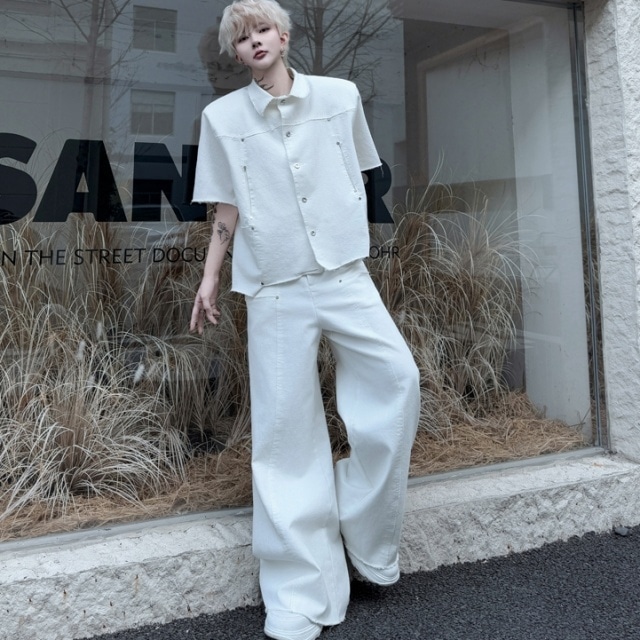 【予約販売】ジャケット メンズ セットアップ ジッパー 2点セット デニム 無地 男前 カジュアル ブラックホワイト 上下 お出かけ 二次会 M/L/XL