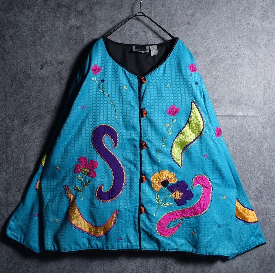 Turquoise blue flower motif design collarless jacket