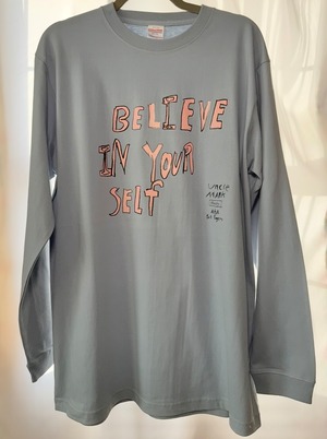 一点もの‼️サイズXLのみ　BELIEVE IN YOURSELF  acid blue Long Tシャツ (Pink and black ink)