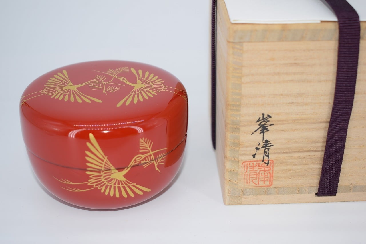 銘：清水宗水 棗 鶴 蒔絵 茶入 茶道具 漆器 塗 金彩（峰清 造 朱塗 松  