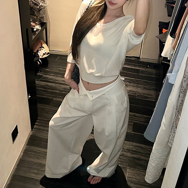 ハイウエストダブルボタンワイドパンツ［XS-XL］