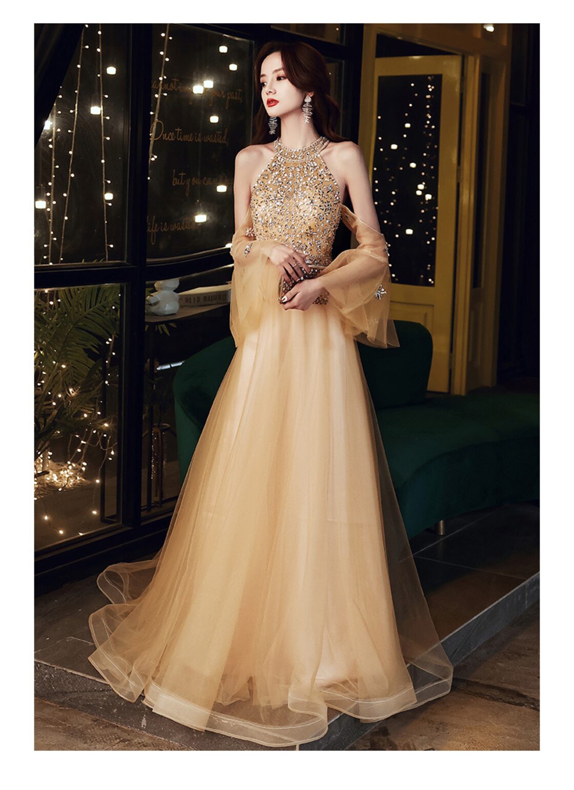 美品！パーティードレス シャンパン色 ソフトチュール ハンドビー  