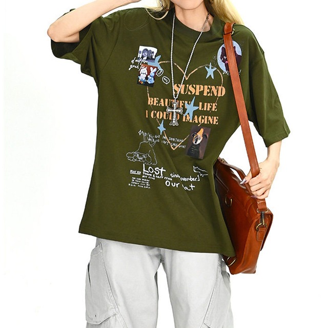 ハートコラージュグラフィックルーズTシャツ 2col   R01898