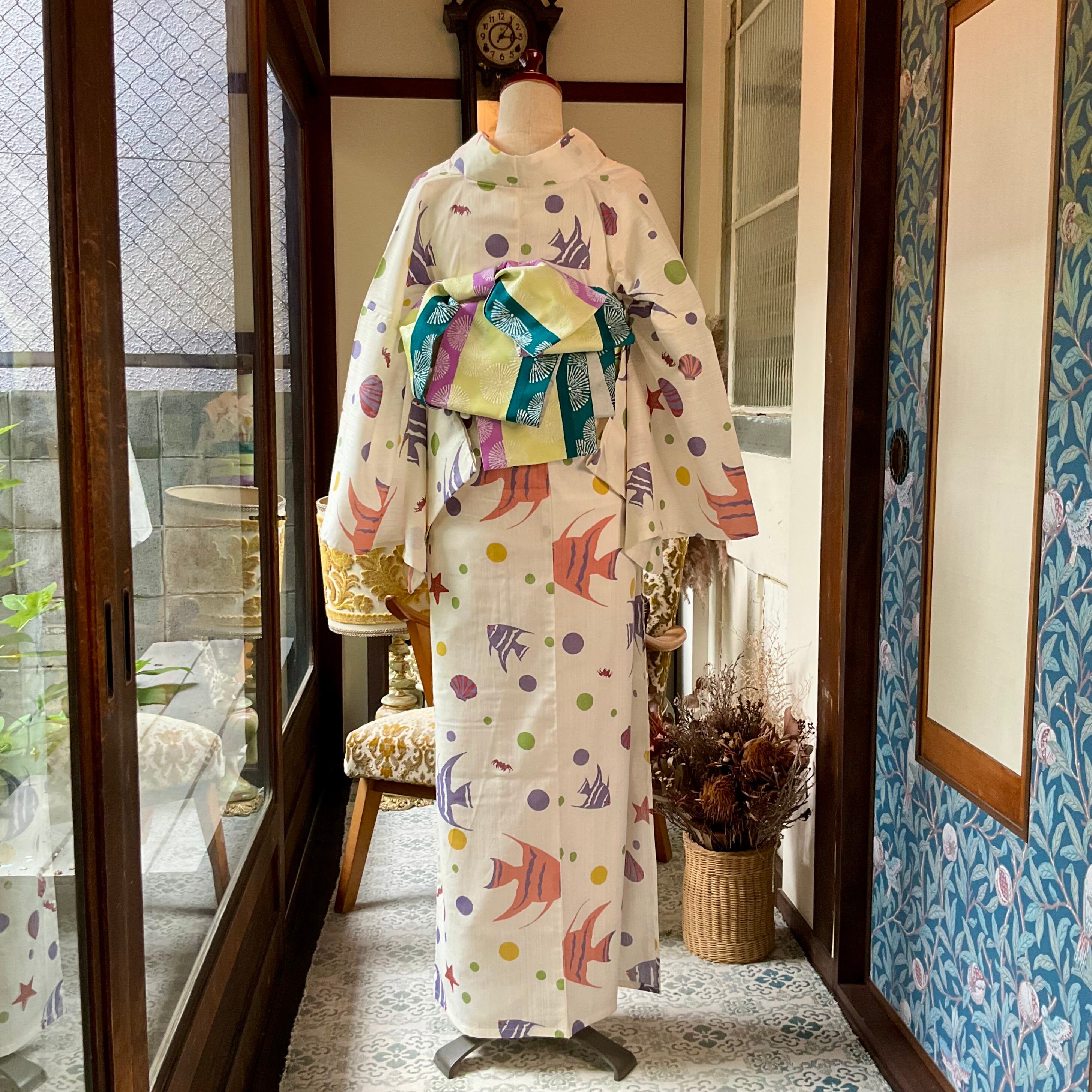 新品】long＊真夏のアクアガーデン＊浴衣 半幅帯と浴衣セット エンゼル