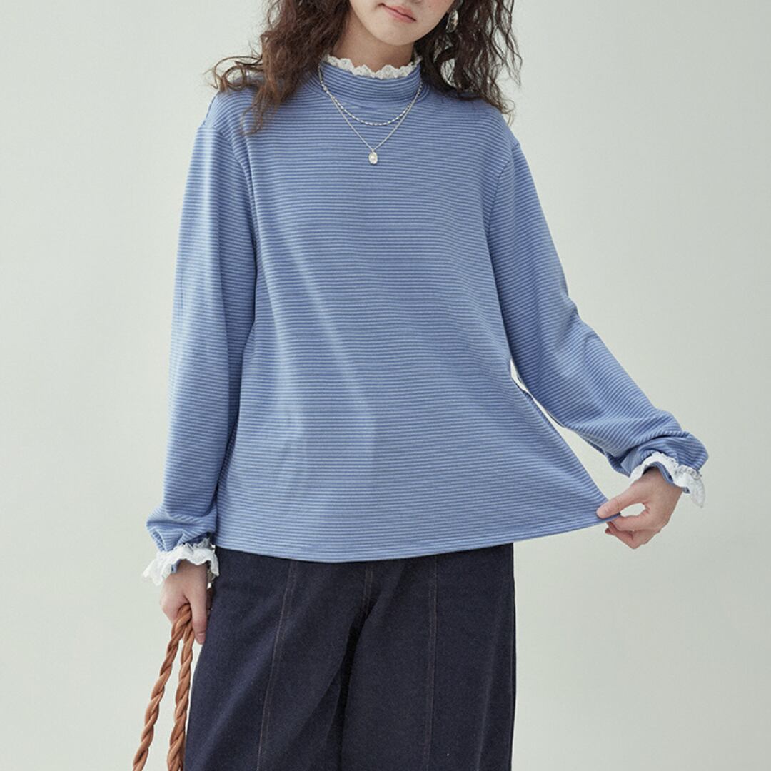 lace blue stripe long sleeved t shirt
