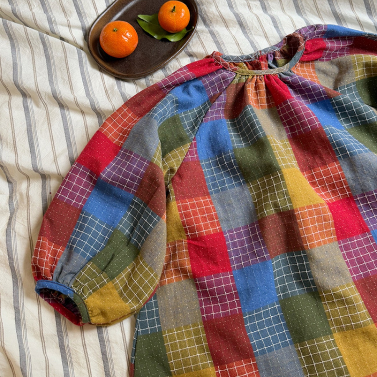 春韓国風レトロチェック柄ワンピース