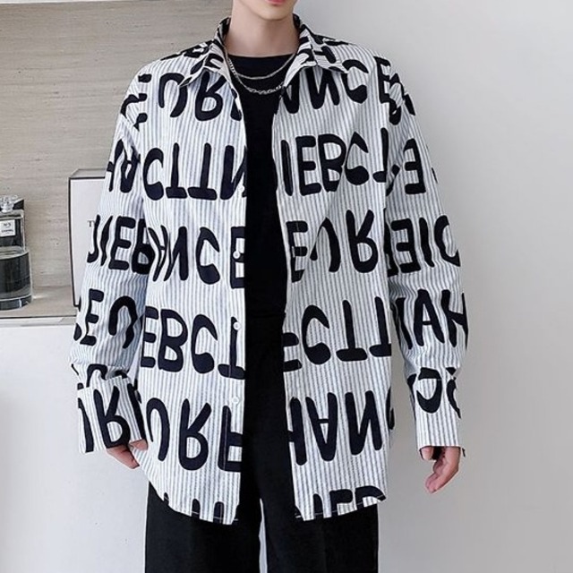 【Men】STRIPE LETTER PRINT DESIGN SHIRT 1color S-595