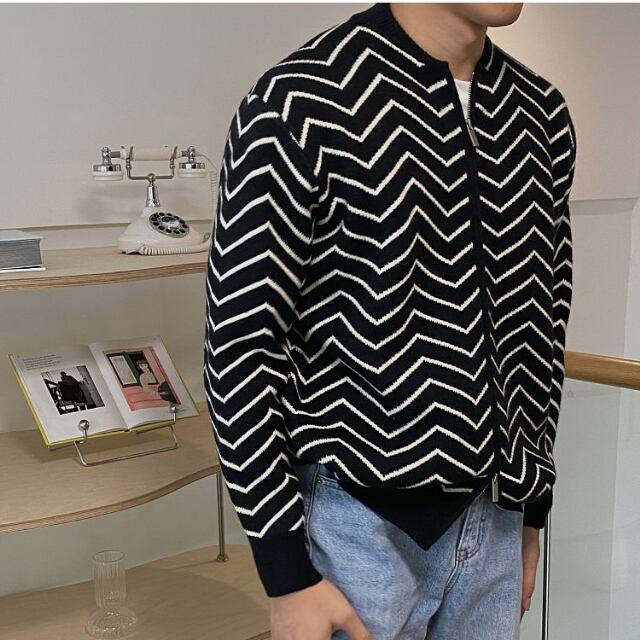 【予約販売】カーディガン ニット メンズ アウター ストライプ柄 ボーダー グレー/ホワイト/ブラックライン カジュアル シック 総柄 男前 こなれ感 お洒落 韓国 トレンド 秋 冬 M/L/XL/2XL/3XL