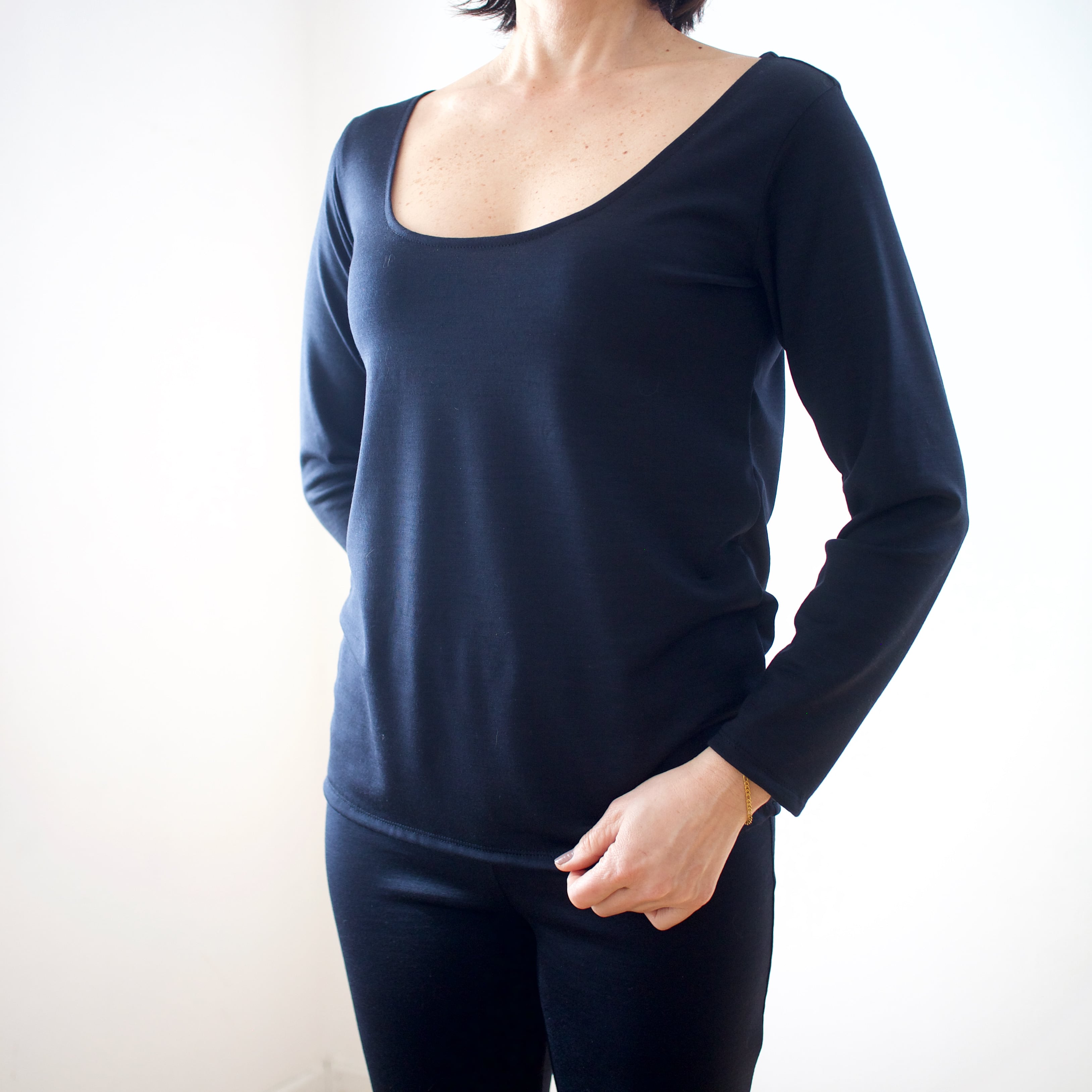 メリノウールインナー <オープンネックシャツ> ダークネイビー