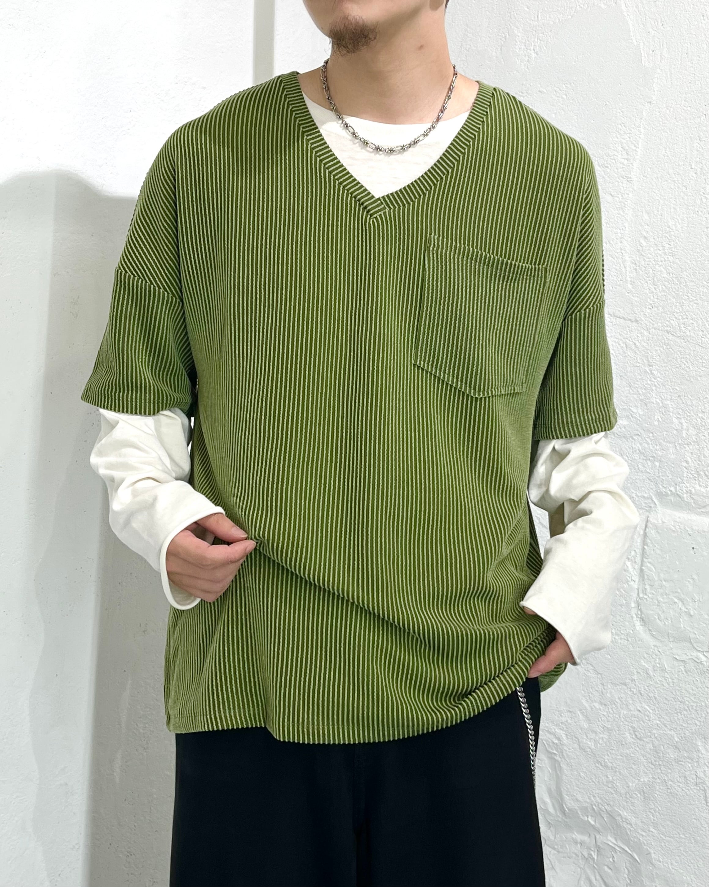 USED Striped Ridge S/S V-Neck Rayon Tee