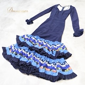 フラメンコ 衣装 ワンピース ドレス ボランテ フリル 紺 水玉 青 レース かわいい ダンス パーティ 発表会 舞台 ネイビー系 大人用 かわいらしい フリルデザイン おしゃれ 目立つ 柄物 舞台衣装 フラメンコドレス レディース ステージ衣装 クラシック 踊り コスチューム