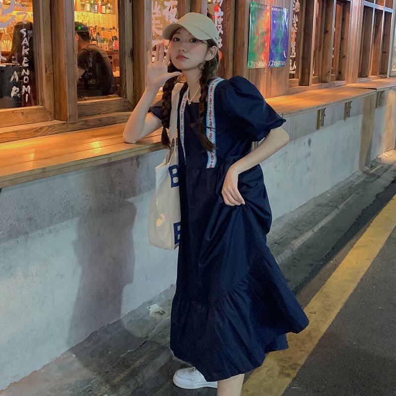 サマースタンダードエスニックウェストスリーブ半袖ドレス ショート レトロ ハーフスリーブ 夏物 スクウェア YY-ファッション55751312288