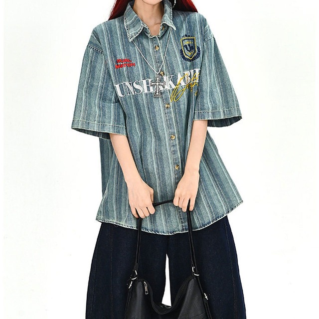 ストライプエンブレムワッペンビッグシャツ 1col   R01708