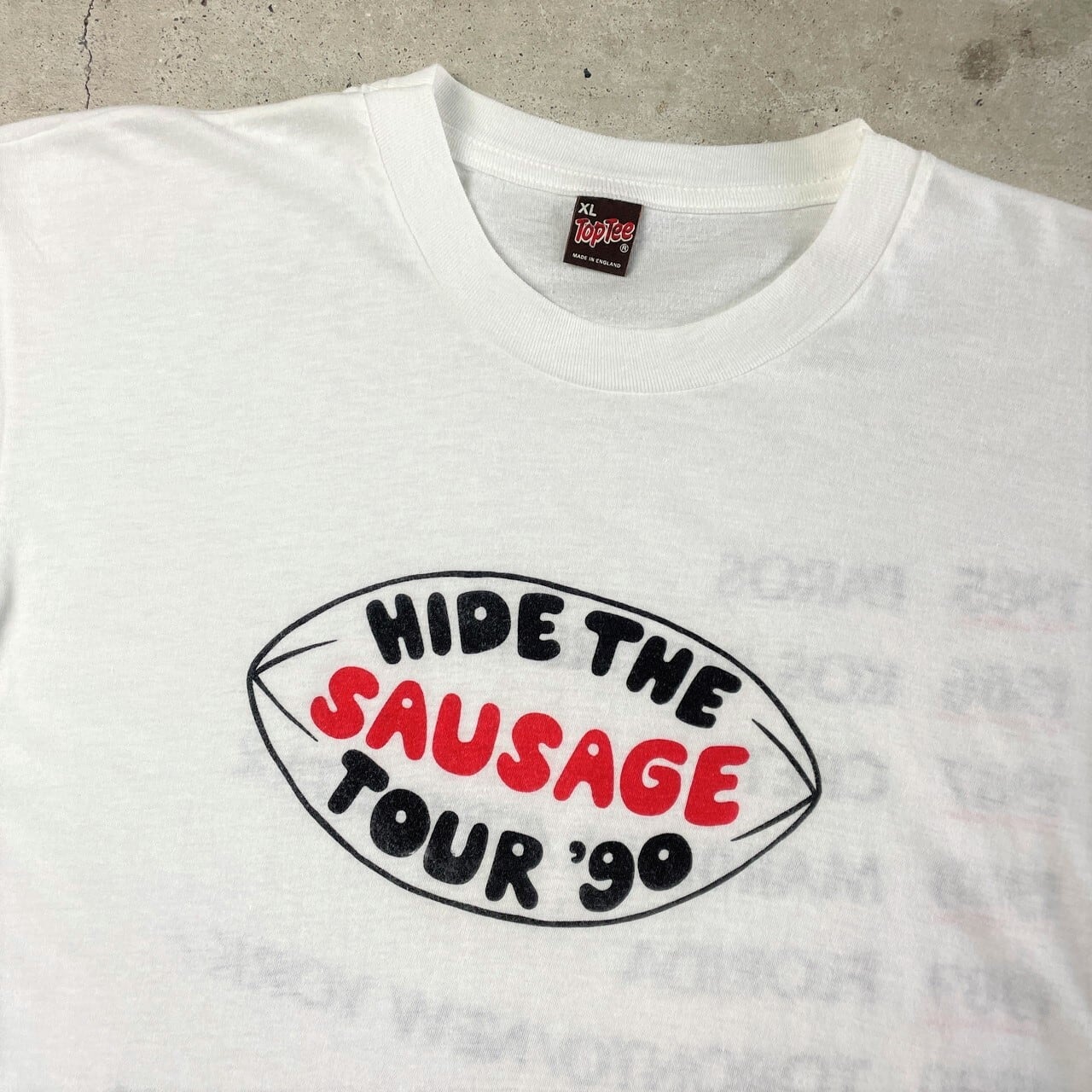 90年代 HIDE THE SAUSAGE TOUR '90 染み込みプリント 両面プリント Tシャツ メンズL相当 古着 90s ヴィンテージ  ビンテージ 袖シングルステッチ バックプリント ホワイト 白【Tシャツ】 | cave 古着屋【公式】古着通販サイト powered by BASE