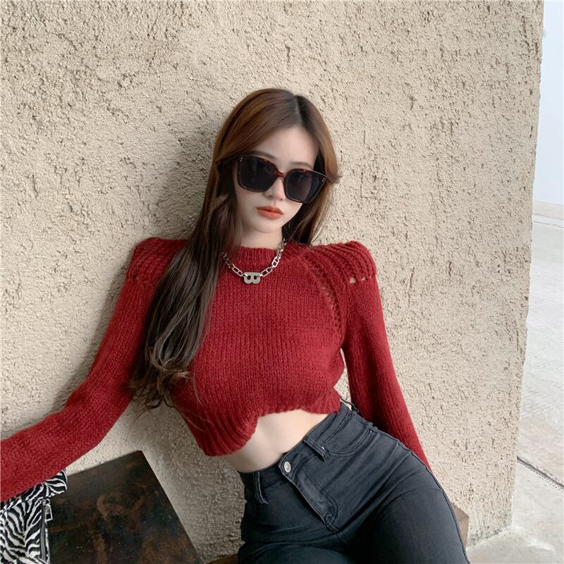 セーター ショートニットトップス プルオーバー レッドシャツ オータム 秋物 ウィンター 冬物 ブラックストロベリース12825949591