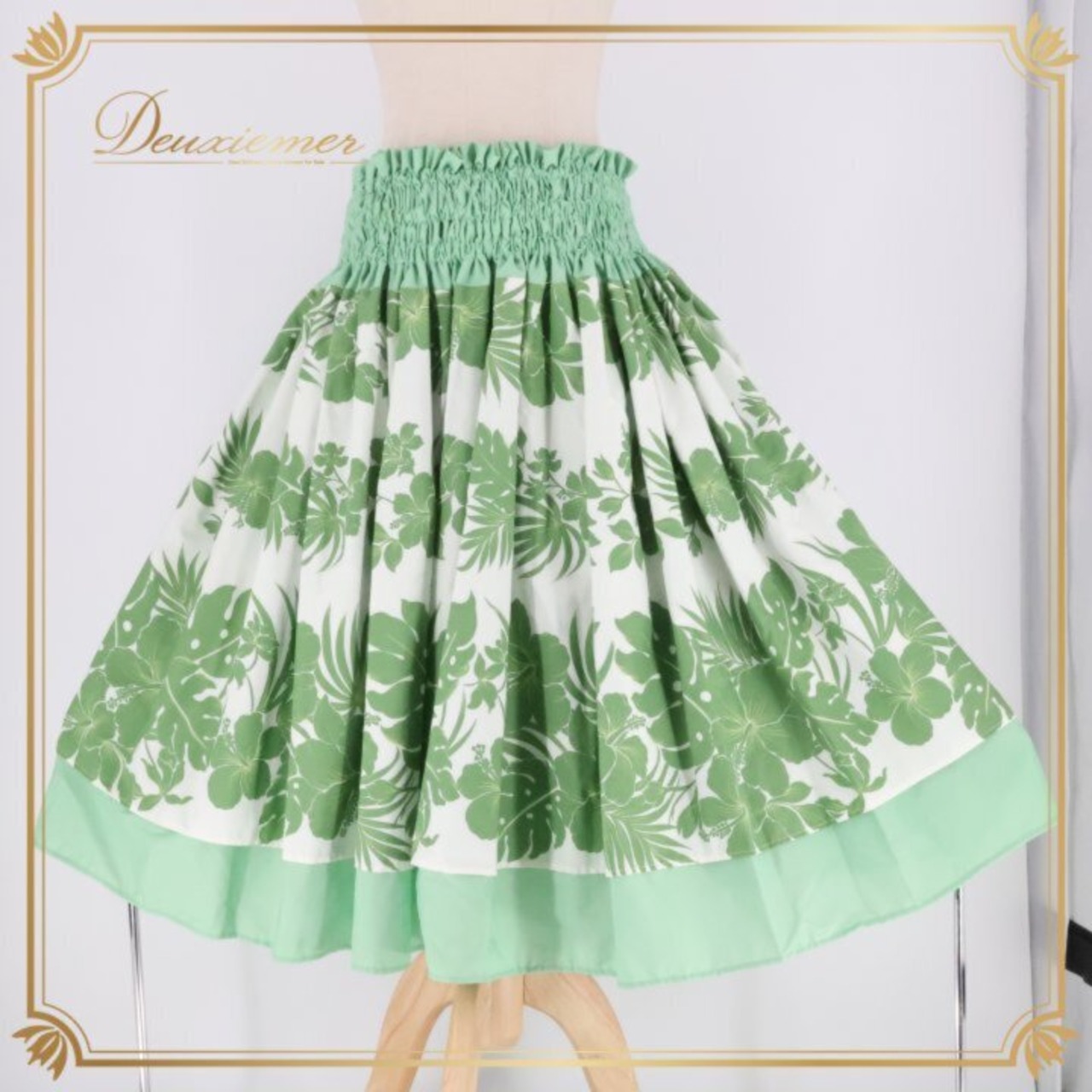 フラダンス パウスカート ROYAL HAWAIIAN CREATION グリーン系 ハワイ製 ダブル ハイビスカス柄 モンステラ柄 かわいい 爽やか 華やか 鮮やか 明るい 緑 白 ダンス衣装 レディース ホワイト系 ハワイアン アロハ フラ レッスン 練習