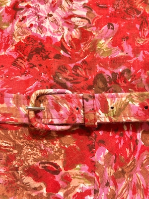 50's pink×red print dress ribbon design with belt