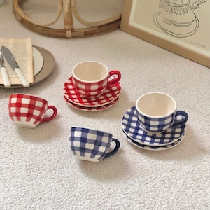 vintage style retro check cup and saucer SET 2colors / チェック ティーカップ ソーサー セット コップ 韓国 北欧 雑貨