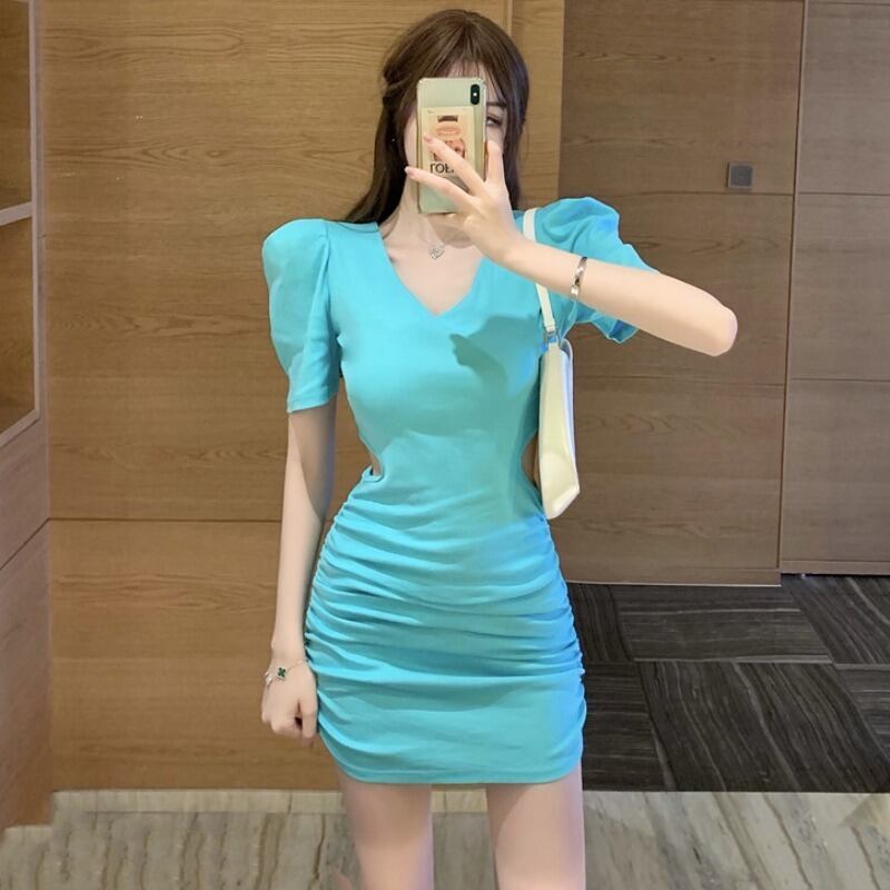 プリーツドレス Vネックスリーブウェストスリムショートスカート ハンチェンe1241311151